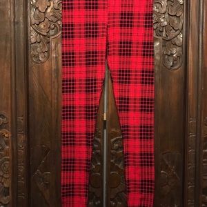 Red Black Plaid Checkered Stretch Leggings Pants